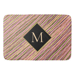 Modern Gold Glitter Monogram Stripes  Bath Mat