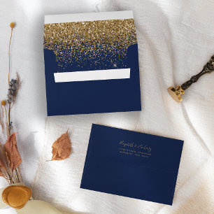 Modern Gold Glitter Navy Blue Wedding Envelope