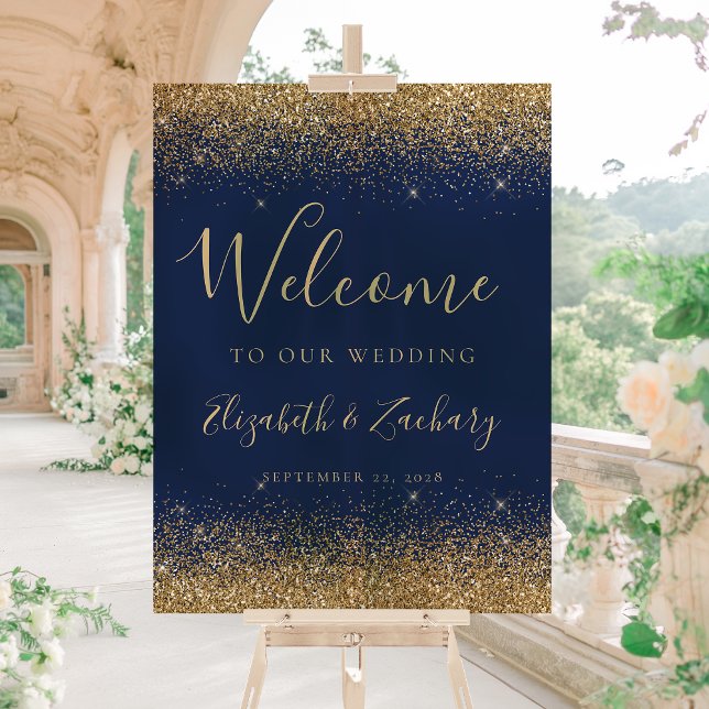 Modern Gold Glitter Navy Blue Wedding Welcome Acrylic Sign (Creator Uploaded)