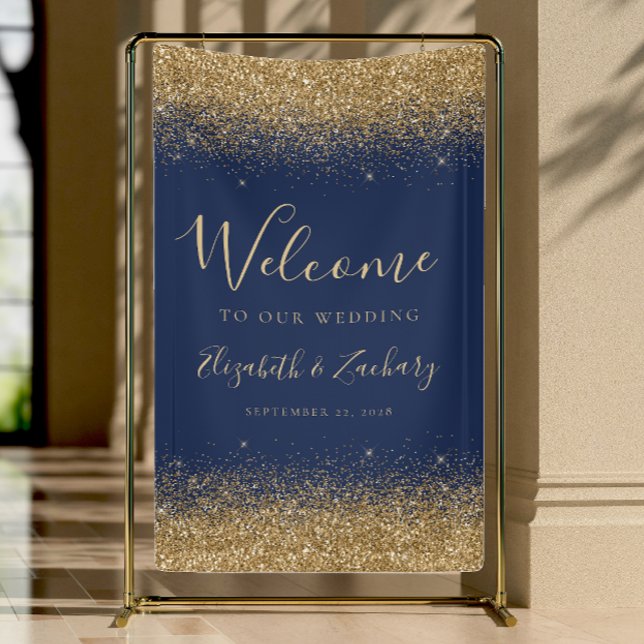 Modern Gold Glitter Navy Blue Wedding Welcome Banner (Creator Uploaded)