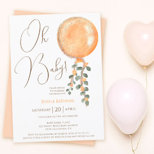 Modern gold glitter orange balloon Oh baby shower Invitation