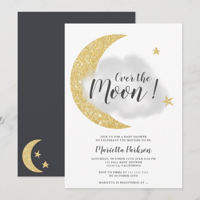 Modern gold glitter over the moon star baby shower invitation (Front/Back)