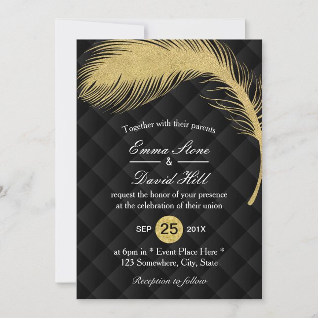 Modern Gold Glitter Peacock Feather Luxury Wedding Invitation (Front)