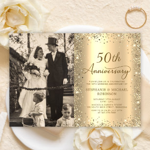 Modern Gold Glitter Photo 50th Wedding Anniversary Invitation
