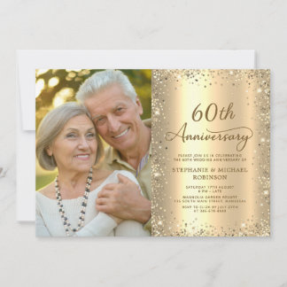 Modern Gold Glitter Photo 60th Wedding Anniversary Invitation