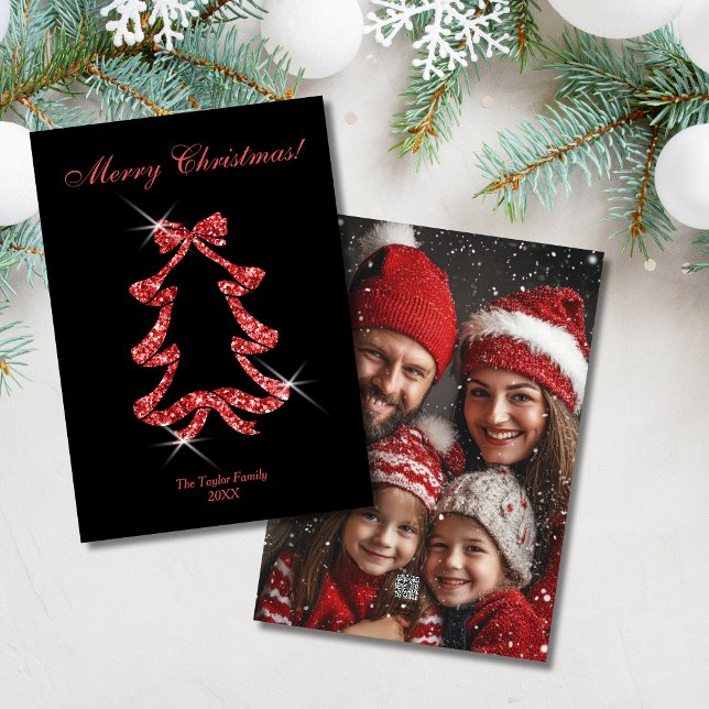 Modern Gold Glitter Ribbon Christmas Tree Photo Holiday Card (Creator Uploaded)