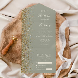 Modern Gold Glitter Sage Green Wedding All In One Invitation