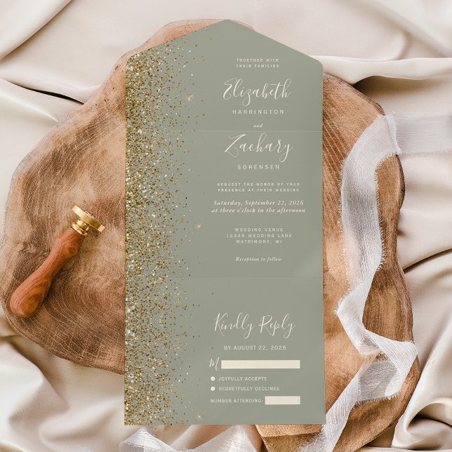 Modern Gold Glitter Sage Green Wedding All In One Invitation (Creator Uploaded)