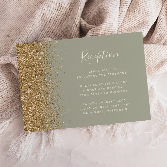 Modern Gold Glitter Sage Green Wedding Reception Enclosure Card (Creator Uploaded)