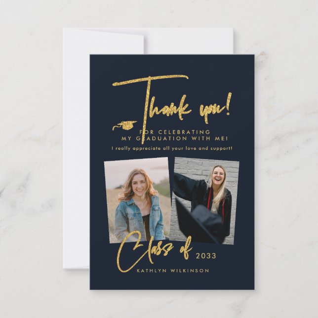 Modern Gold Glitter Script GRAD Thank You Card  (Front)