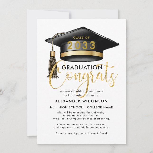 Modern Gold Glitter Script Simple GRAD Party Announcement (Front)