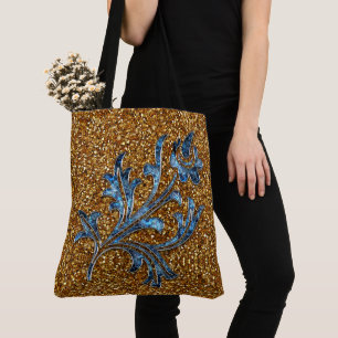 Modern Gold Glitter Sparkles Blue flower Tote Bag
