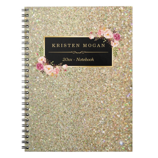 Modern Gold Glitter Sparkles Girly Floral Notebook (Front)