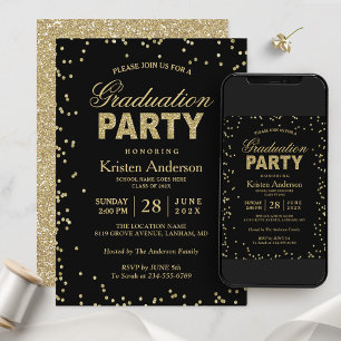 Modern Gold Glitter Sparkles Graduation Party Invitation