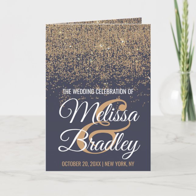 Modern Gold Glitter Sparkles Navy Blue Wedding Program (Front)