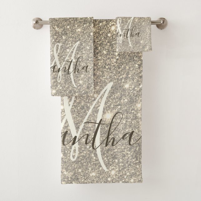 Modern Gold Glitter Sparkles Personalised Name Bath Towel Set (Insitu)