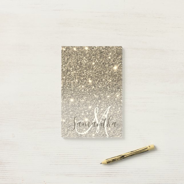 Modern Gold Glitter Sparkles Personalised Name Post-it Notes (On Desk)