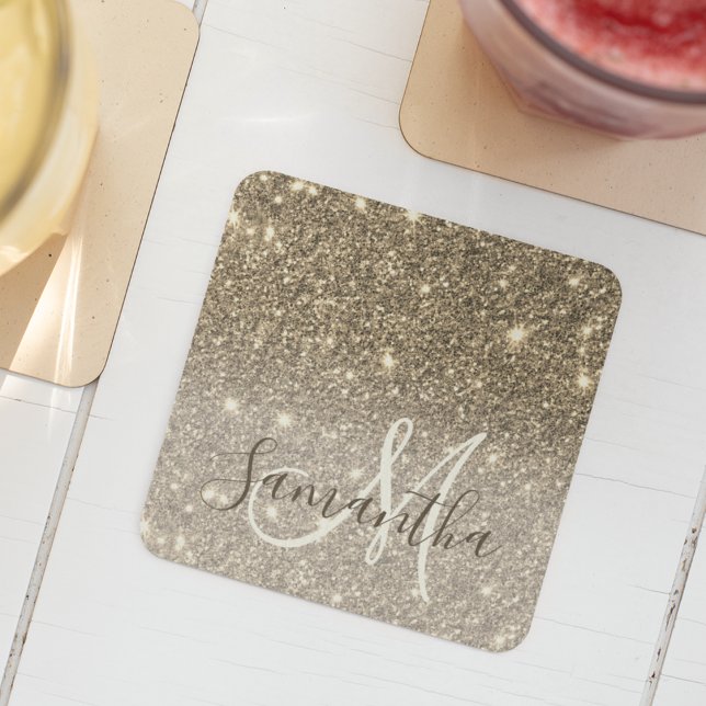 Modern Gold Glitter Sparkles Personalised Name Square Paper Coaster (Creator Uploaded)