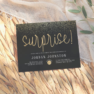 Modern Gold Glitter Surprise Birthday Party Invitation Postcard