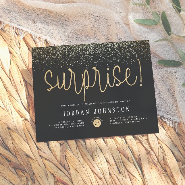 Modern Gold Glitter Surprise Birthday Party Invitation Postcard (Creator Uploaded)