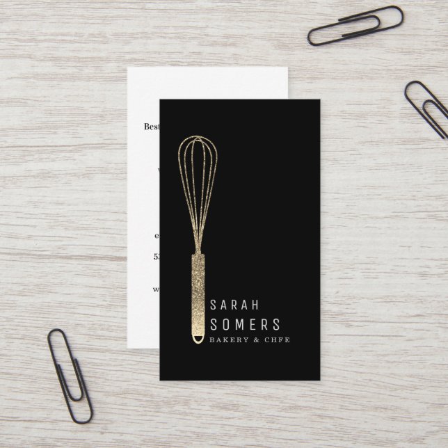 Modern Gold Glitter Whisk Bakery Business Card (Front/Back In Situ)