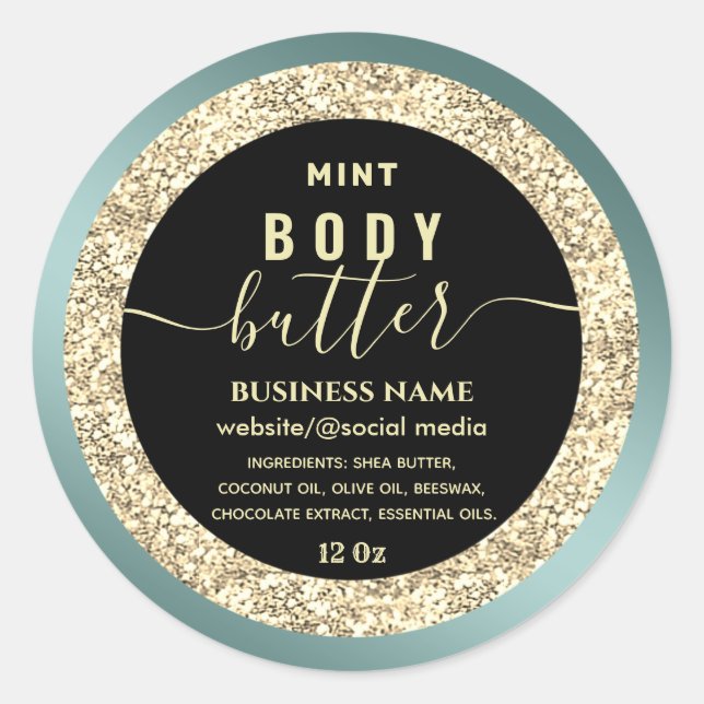Modern gold glittery  script body butter label (Front)