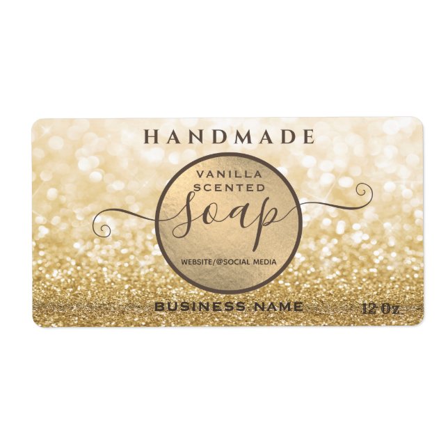 Modern  gold glittery sparkle script soap label (Front)