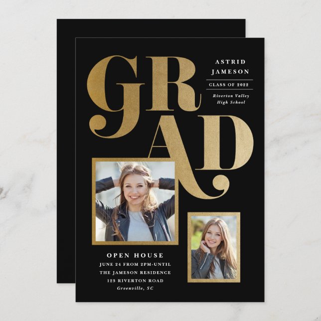 Modern Gold Grad Photo Graduation Party Invitation (Front/Back)