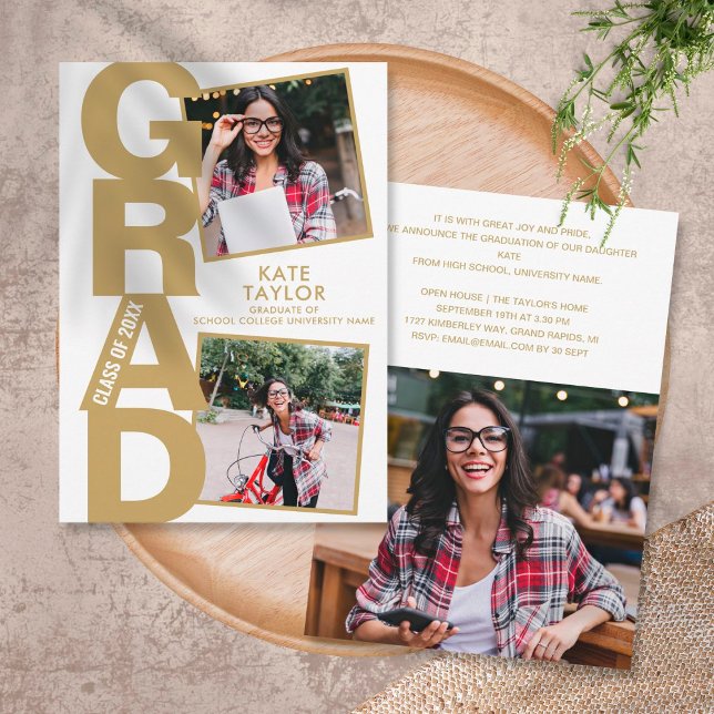 Modern Gold Graduation Party 3 Photo Invitation (Creator Uploaded)