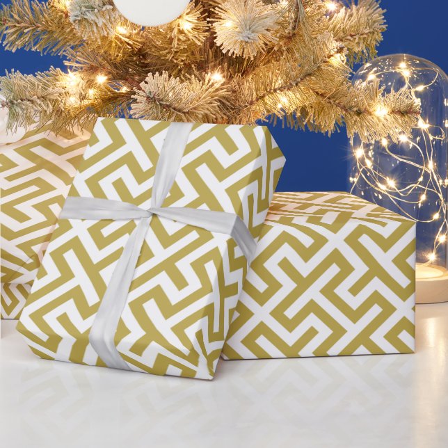 Modern gold greek key geometric patterns monogram wrapping paper (Holidays)
