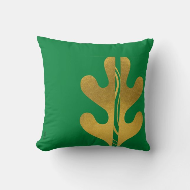 Modern Gold Green Abstract Leaf Pattern Cushion (Front)