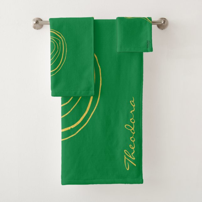 Modern Gold Green Abstract Pattern Bath Towel Set (Insitu)