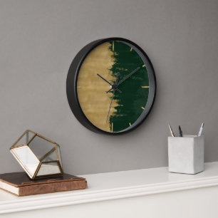 Modern Gold Green Brushstrokes Abstract Painting Clock