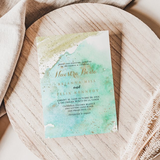 Modern Gold Green Calligraphy Nuestra Boda Wedding Invitation (Creator Uploaded)