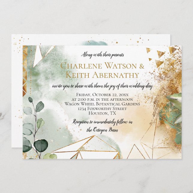 Modern Gold Green Geometric Botanical Wedding Invitation (Front/Back)