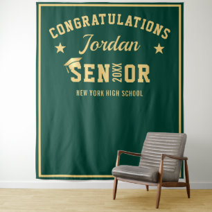 Modern Gold Green Graduation Photo Booth Backdrop Tapestry