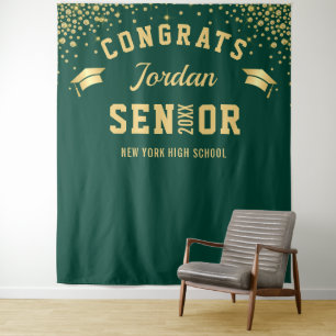 Modern Gold Green Graduation Photo Booth Backdrop Tapestry