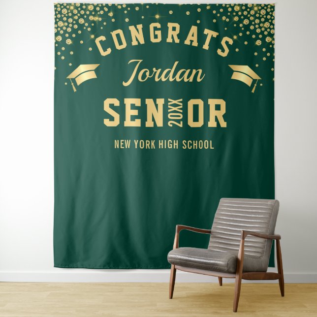 Modern Gold Green Graduation Photo Booth Backdrop Tapestry (In Situ)