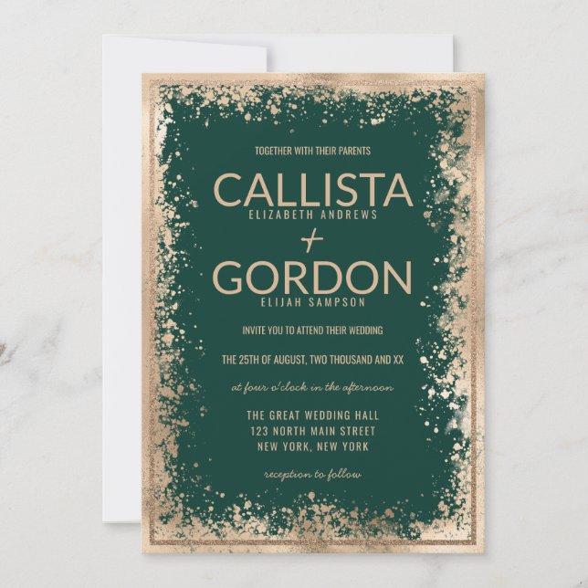 Modern Gold Green Splatter Glitter Border Wedding Invitation (Front)