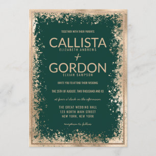 Modern Gold Green Splatter Glitter Border Wedding Invitation