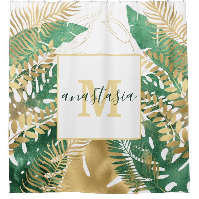 Modern Gold Green Tropical Leaves Monogram Shower Curtain (Front)