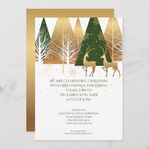 Modern Gold Green Woodland Deer Invitation