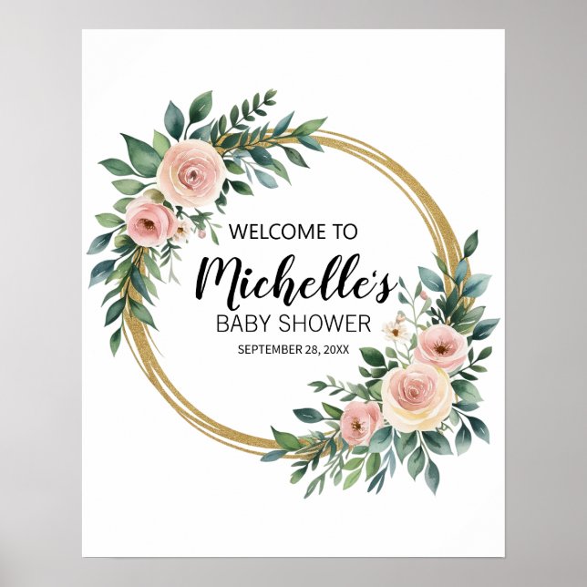 Modern Gold Greenery girl baby shower welcome sign (Front)