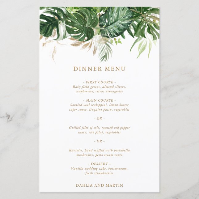 Modern Gold Greenery Tropical Wedding Menu (Front)