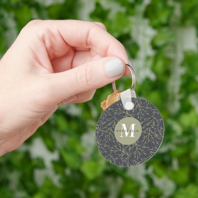 Modern Gold Greenish Yellow Fall White Monogram Key Ring (Hand)