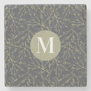 Modern Gold Greenish Yellow Fall White Monogram Stone Coaster