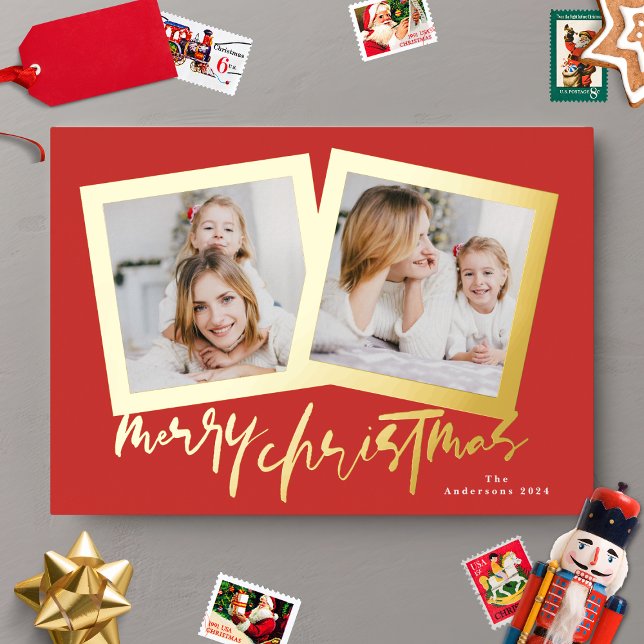 modern gold greens merry christmas multi photo foil holiday card (Creator Uploaded)