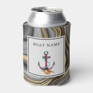 Modern Gold & Grey Agate Geode & Anchor Boat Name Can Cooler