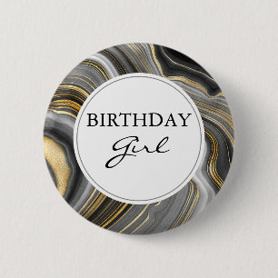 Modern Gold & Grey Agate Geode Birthday Girl 6 Cm Round Badge