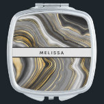 Modern Gold & Grey Agate Geode Compact Mirror<br><div class="desc">A compact mirror with an abstract design with an agate geode mineral pattern. Gold,  grey,  white,  and black swirl together forming elegant waves of colour. 
A light grey stripe with a thin black border layered over top with your text inside.
Stylish modern elegance.</div>